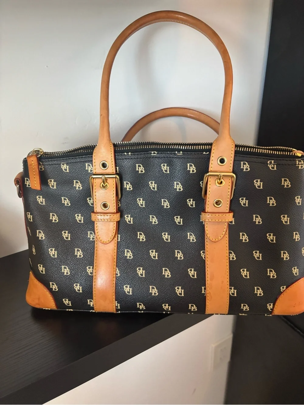 Dooney & Bourke Black Logo Messenger with Tan Leather Trim